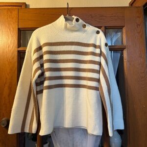 Ann Taylor White and Brown Striped Turtleneck Sweater